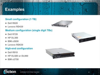 Examples

Small configuration (1 TB)
  Dell R620
  Lenovo RD430
Medium configuration (single digit TBs)
  Dell R720
  HP DL380
  IBM x3650
  Lenovo RD630
High-end configuration
  Dell R910
  HP DL580 or DL980
  IBM x3750




              Confidential © 2012 Actian Corporation   8
 