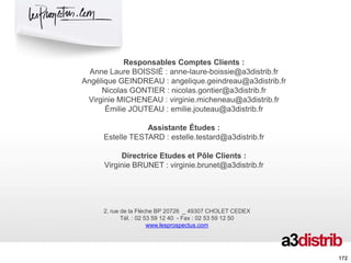 172
2, rue de la Flèche BP 20726 _ 49307 CHOLET CEDEX
Tél. : 02 53 59 12 40 - Fax : 02 53 59 12 50
www.lesprospectus.com
Responsables Comptes Clients :
Anne Laure BOISSIÉ : anne-laure-boissie@a3distrib.fr
Angélique GEINDREAU : angelique.geindreau@a3distrib.fr
Nicolas GONTIER : nicolas.gontier@a3distrib.fr
Virginie MICHENEAU : virginie.micheneau@a3distrib.fr
Émilie JOUTEAU : emilie.jouteau@a3distrib.fr
Assistante Études :
Estelle TESTARD : estelle.testard@a3distrib.fr
Directrice Etudes et Pôle Clients :
Virginie BRUNET : virginie.brunet@a3distrib.fr
 