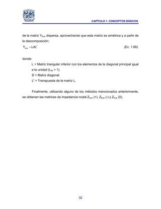 CAPÍTULO 1. CONCEPTOS BÁSICOS
32
de la matriz Ybus dispersa, aprovechando que esta matriz es simétrica y a partir de
la descomposición:
t
bus LdL
Y  (Ec. 1.68)
donde:
L = Matriz triangular inferior con los elementos de la diagonal principal igual
a la unidad (Lkk = 1).
D = Matriz diagonal.
Lt
= Transpuesta de la matriz L.
Finalmente, utilizando alguno de los métodos mencionados anteriormente,
se obtienen las matrices de impedancia nodal Zbus (+), Zbus (-) y Zbus (0).
 