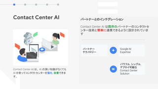 Contact Center AI
Contact Center AI は、 AI の深い知識がなくても
AI を使ってコンタクトセンターを強化, 改善できま
す。
パートナーとのインテグレーション
Contact Center AI は既存のパートナーのコンタクトセ
ンター技術と簡単に連携できるように設計されていま
す
パートナー
テクノロジー
Google AI
Expertise
パワフル, シンプル,
デプロイ可能な
Contact Center
Solution
+
=
 