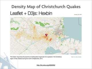 Density Map of Christchurch Quakes




            http://bl.ocks.org/4668062
 