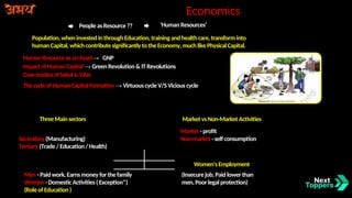 Economics |People as Resource
Overview People asResource ?? ‘HumanResources’
Population, wheninvestedinthroughEducation, trainingandhealthcare,transforminto
humanCapital, whichcontribute significantlytothe Economy, muchlikePhysical Capital.
Human Resource as anAsset→ GNP
Impactof HumanCapital → GreenRevolution&IT Revolutions
Casestudiesof Sakal&Vilas
The cycle ofHumanCapitalformation → Virtuouscycle V/S Vicious cycle
Economic Activities ByMen AndWomen
ThreeMainsectors
Secondary (Manufacturing)
Tertiary (Trade /Education/Health)
MarketvsNon-MarketActivities
Market -profit
Non-market -selfconsumption
Women'sEmployment
Men -Paidwork, Earnsmoneyfor the family (Insecure job, Paidlower than
Women -Domestic Activities (Exception*) men,Poorlegal protection)
(Role of Education)
 