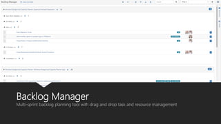 Backlog Manager
Multi-sprint backlog planning tool with drag and drop task and resource management
 
