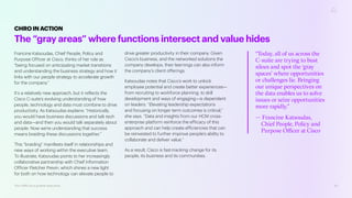 CHROINACTION
The “gray areas” where functions intersect and value hides
Francine Katsoudas, Chief People, Policy and
Purpose Officer at Cisco, thinks of her role as
“being focused on anticipating market transitions
and understanding the business strategy and how it
links with our people strategy to accelerate growth
for the company.”
It’s a relatively new approach, but it reflects the
Cisco C-suite’s evolving understanding of how
people, technology and data must combine to drive
productivity. As Katsoudas explains: “Historically,
you would have business discussions and talk tech
and data—and then you would talk separately about
people. Now we’re understanding that success
means braiding these discussions together.”
This “braiding” manifests itself in relationships and
new ways of working within the executive team.
To illustrate, Katsoudas points to her increasingly
collaborative partnership with Chief Information
Officer Fletcher Previn, which shines a new light
for both on how technology can elevate people to
drive greater productivity in their company. Given
Cisco’s business, and the networked solutions the
company develops, their learnings can also inform
the company’s client offerings.
Katsoudas notes that Cisco’s work to unlock
employee potential and create better experiences—
from recruiting to workforce planning, to skill
development and ways of engaging—is dependent
on leaders. “Elevating leadership expectations
and focusing on longer term outcomes is critical,”
she says. “Data and insights from our HCM cross-
enterprise platform reinforce the efficacy of this
approach and can help create efficiencies that can
be reinvested to further improve people’s ability to
collaborate and deliver value.”
As a result, Cisco is fast-tracking change for its
people, its business and its communities.
“Today, all of us across the
C-suite are trying to bust
siloes and spot the ‘gray
spaces’ where opportunities
or challenges lie. Bringing
our unique perspectives on
the data enables us to solve
issues or seize opportunities
more rapidly.”
— Francine Katsoudas,
Chief People, Policy and
Purpose Officer at Cisco
The CHRO as a growth executive 23
 