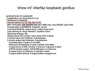 gordius# show int Loopback0 Loopback0 is up, line protocol is up  Hardware is Loopback Internet address is 147.156.148.113/32 MTU 1514 bytes, BW 8000000 Kbit, DLY 5000 usec, rely 255/255, load 1/255 Encapsulation LOOPBACK, loopback not set Last input 00:00:02, output never, output hang never Last clearing of &quot;show interface&quot; counters never Queueing strategy: fifo Output queue 0/0, 0 drops; input queue 0/75, 0 drops 5 minute input rate 0 bits/sec, 0 packets/sec 5 minute output rate 0 bits/sec, 0 packets/sec 0 packets input, 0 bytes, 0 no buffer Received 0 broadcasts, 0 runts, 0 giants, 0 throttles 0 input errors, 0 CRC, 0 frame, 0 overrun, 0 ignored, 0 abort 518778 packets output, 144741480 bytes, 0 underruns 0 output errors, 0 collisions, 0 interface resets 0 output buffer failures, 0 output buffers swapped out ‘ show int’ interfaz loopback gordius  