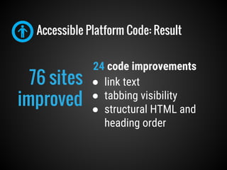 Accessible Platform Code: Result
24 code improvements
● link text
● tabbing visibility
● structural HTML and
heading order
76 sites
improved
 