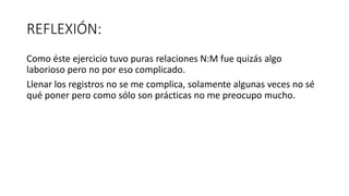 REFLEXIÓN:
Como éste ejercicio tuvo puras relaciones N:M fue quizás algo
laborioso pero no por eso complicado.
Llenar los registros no se me complica, solamente algunas veces no sé
qué poner pero como sólo son prácticas no me preocupo mucho.
 