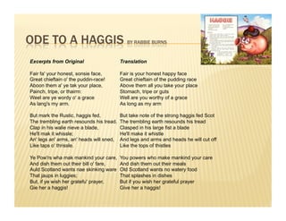 Excerpts from Original                    Translation

Fair fa' your honest, sonsie face,        Fair is your honest happy face
Great chieftain o' the puddin-race!       Great chieftain of the pudding race
Aboon them a' ye tak your place,          Above them all you take your place
Painch, tripe, or thairm:                 Stomach, tripe or guts
Weel are ye wordy o' a grace              Well are you worthy of a grace
As lang's my arm.                         As long as my arm

But mark the Rustic, haggis fed,          But take note of the strong haggis fed Scot
The trembling earth resounds his tread.   The trembling earth resounds his tread
Clap in his walie nieve a blade,          Clasped in his large fist a blade
He'll mak it whissle;                     He'll make it whistle
An' legs an' arms, an' heads will sned,   And legs and arms and heads he will cut off
Like taps o' thrissle.                    Like the tops of thistles

Ye Pow'rs wha mak mankind your care,      You powers who make mankind your care
And dish them out their bill o' fare,     And dish them out their meals
Auld Scotland wants nae skinking ware     Old Scotland wants no watery food
That jaups in luggies;                    That splashes in dishes
But, if ye wish her gratefu' prayer,      But if you wish her grateful prayer
Gie her a haggis!                         Give her a haggis!
 