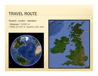 Houston - London – Aberdeen
•  Distance: > 5,000 mi
•  Time: 23 hrs? w/ layovers, ash, taxis
 