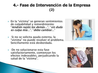 En la “víctima” se generan sentimientos
de culpabilidad y remordimiento:
“tendrán razón los demás...”; “sin duda
es culpa mía...”; “debo cambiar...”
Si no se solicita ayuda externa, la
“víctima” no puede resolver el problema.
Sencillamente está desbordada.
De no solucionarse esta fase
satisfactoriamente, comienzan los
efectos indeseables, perjudicando la
salud de la “víctima”.
 