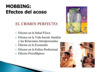 EL CRIMEN PERFECTO:
Efectos en la Salud Física
Efectos en la Vida Social, familiar
y las Relaciones Interpersonales
Efectos en la Economía
Efectos en la Esfera Profesional
Efectos Psicológicos
 