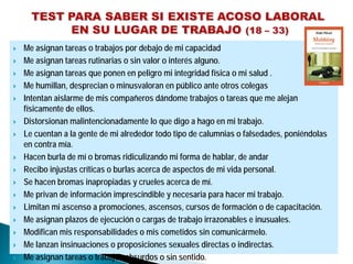 Me asignan tareas o trabajos por debajo de mi capacidad
Me asignan tareas rutinarias o sin valor o interés alguno.
Me asignan tareas que ponen en peligro mi integridad física o mi salud .
Me humillan, desprecian o minusvaloran en público ante otros colegas
Intentan aislarme de mis compañeros dándome trabajos o tareas que me alejan
físicamente de ellos.
Distorsionan malintencionadamente lo que digo a hago en mi trabajo.
Le cuentan a la gente de mi alrededor todo tipo de calumnias o falsedades, poniéndolas
en contra mía.
Hacen burla de mí o bromas ridiculizando mi forma de hablar, de andar
Recibo injustas críticas o burlas acerca de aspectos de mi vida personal.
Se hacen bromas inapropiadas y crueles acerca de mí.
Me privan de información imprescindible y necesaria para hacer mi trabajo.
Limitan mi ascenso a promociones, ascensos, cursos de formación o de capacitación.
Me asignan plazos de ejecución o cargas de trabajo irrazonables e inusuales.
Modifican mis responsabilidades o mis cometidos sin comunicármelo.
Me lanzan insinuaciones o proposiciones sexuales directas o indirectas.
Me asignan tareas o trabajos absurdos o sin sentido.
 