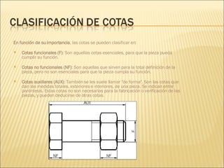 En función de su importancia , las cotas se pueden clasificar en: Cotas funcionales (F) : Son aquellas cotas esenciales, para que la pieza pueda cumplir su función.  Cotas no funcionales (NF) : Son aquellas que sirven para la total definición de la pieza, pero no son esenciales para que la pieza cumpla su función. Cotas auxiliares (AUX) : También se les suele llamar &quot;de forma&quot;. Son las cotas que dan las medidas totales, exteriores e interiores, de una pieza. Se indican entre paréntesis. Estas cotas no son necesarias para la fabricación o verificación de las piezas, y pueden deducirse de otras cotas.  