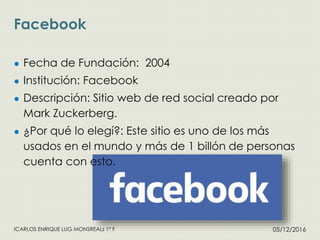 Facebook
05/12/2016ICARLOS ENRIQUE LUG MONSREALs 1° F
● Fecha de Fundación: 2004
● Institución: Facebook
● Descripción: Sitio web de red social creado por
Mark Zuckerberg.
● ¿Por qué lo elegí?: Este sitio es uno de los más
usados en el mundo y más de 1 billón de personas
cuenta con esto.
 