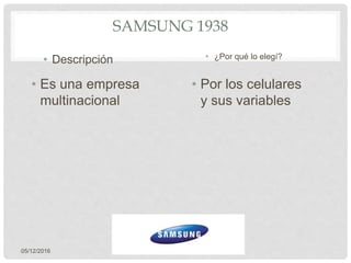 • Es una empresa
multinacional
• Por los celulares
y sus variables
05/12/2016
SAMSUNG 1938
• Descripción • ¿Por qué lo elegí?
 