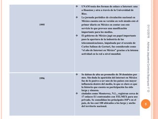 01/12/2016
5
AdrianaJaquelineCordovaBojorquez1°D
1995
 UNAM tenía dos formas de enlace a Internet: una
a Houston y otra a través de la Universidad de
Rice.
 La jornada periódico de circulación nacional en
México cuenta con su versión en web siendo este el
primer diario en México en contar con este
servicio lo que provoco una masificación
importante para los medios.
 El gobierno de México jugó un papel importante
pues la apertura de la industria de las
telecomunicaciones, impulsada por el sexenio de
Carlos Salinas de Gortari, fue considerado como
“el año de Internet en México” gracias a la intensa
actividad en la red a nivel mundial.
1996
 Se daban de alta un promedio de 30 dominios por
mes. Sin duda la aparición del internet en México
fue de lo pasivo a ser uno de los países con mayor
influencia dentro del medio, lo que es claro es que
la historia que cuenta su participación ha sido
larga y sinuosa.
 ciudades como Monterrey, N.L., registran cerca de
17 enlaces E1 contratados con TELMEX para uso
privado. Se consolidan los principales ISP's en el
país, de los casi 100 ubicados a los largo y ancho
del territorio nacional.
 