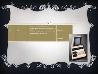1982 IBM 
Aparecen en mexico las primeras 
computadoras personales IBM: La 53100 y la 
PC junior , lo que conlleva al incremento de 
computadoras a partir de 1982. 
IBM 53100 
Y 
PC Junior 
 