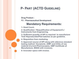 P- PART (ACTD GUIDELINE)
Drug Product :
P2 : Pharmaceutical Development
Mandatory Requirements:
1- Head Count.
2- Qualification / Requalification of Equipment's /
Instruments from Engineering.
3- Sufficient quantity of API is required to manufacture
Trial/ Reproducible/Pilot batches as per guideline.
4- Requisition from marketing.
5- Approved source of API along with reference standard
testing method / Excipients. (DMF and COAs of raw
material (Current Pharmacopeia, GMP Certificate of
Manufacturer, MSDS with invoices).
6- Innovator specs with invoice.
 