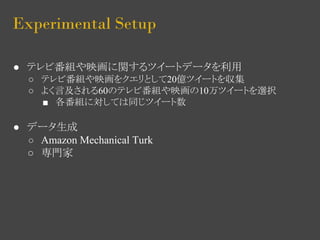 Experimental Setup 
● テレビ番組や映画に関するツイートデータを利用 
○ テレビ番組や映画をクエリとして20億ツイートを収集 
○ よく言及される60のテレビ番組や映画の10万ツイートを選択 
■ 各番組に対しては同じツイート数 
● データ生成 
○ Amazon Mechanical Turk 
○ 専門家 
 