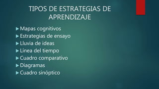 TIPOS DE ESTRATEGIAS DE
APRENDIZAJE
 Mapas cognitivos
 Estrategias de ensayo
 Lluvia de ideas
 Línea del tiempo
 Cuadro comparativo
 Diagramas
 Cuadro sinóptico
 