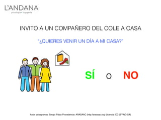 INVITO A UN COMPAÑERO DEL COLE A CASA
“¿QUIERES VENIR UN DÍA A MI CASA?”
Autor pictogramas: Sergio Palao Procedencia: ARASAAC (http://arasaac.org) Licencia: CC (BY-NC-SA)
SÍ o NO
 