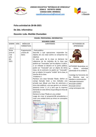 UNIDAD EDUCATIVA "REPÚBLICA DE VENEZUELA"
ZONA 8 DISTRITO: 09D03
CODIGO AMIE: 09H00431
republicadvenezuela@hotmail.com
Ficha actividad de 28-06-2021
De 2do. Informática
Docente: Lcda. Matilde Chamaidan
FIGURA PROFESIONAL: INFORMATICA
SEGUNDO CURSO
SEMAN
A 1-2
DÍAS MÓDULOS
FORMATIVOS
CONTENIDOS ACTIVIDADES DE
APRENDIZAJE
28 de
junio al
2 de
julio
del
2021
Programación
y bases de
datos
- Parte pública
Describe a qué operaciones responden los
objetos de una clase (cómo se comportan los
objetos).
En esta parte de la clase se declaran las
cabeceras de los métodos de la clase que
podrán ser “invocados” por los objetos. Es decir,
si un método se declara en la parte pública,
podrá ser “invocado” por un objeto de dicha
clase, de lo contrario no podrá ser “invocado”
por un objeto. Es la parte “visible” de la clase, la
interfaz de la clase.
Problema 1
Plantear una clase llamada TDado. Definir un
campo llamado Valor y tres métodos uno
privado que dibuje una línea de asteriscos y
otros dos públicos, uno que genere un número
aleatorio entre 1 y 6 y otro que lo imprima
llamando en este último al que dibuja la línea de
asteriscos.
Declarar la clase TDado en una unidad.
Luego de crear el proyecto138 procedemos a
crear una unidad como ya vimos en conceptos
anteriores:
ACTIVIDAD Basándose en
la última actividad
planteada en la unidad 1.
Investiga las funciones de
las librerías que se
detallan a continuación:
#include<iostream>
#include<cstdlib>
#include<ctime>
using namespace std;
 