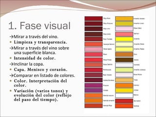 1. Fase visual -> Mirar a través del vino. Limpieza y transparencia. -> Mirar a través del vino sobre una superficie blanca. Intensidad de color. -> Inclinar la copa. Capa. Menisco y corazón. -> Comparar en listado de colores. Color. Interpretación del color. Variación (varios tonos) y evolución del color (reflejo del paso del tiempo). 
