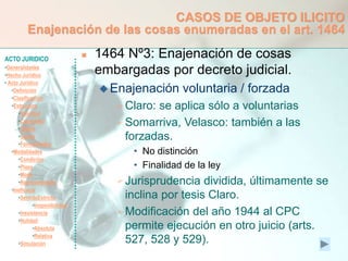 ACTO JURIDICO
•Generalidades
•Hecho Jurídico
• Acto Jurídico
•Definición
•Clasificación
•Estructura
•Voluntad
•Capacidad
•Objeto
•Causa
•Formalidades
•Modalidades
•Condición
•Plazo
•Modo
•Representación
•Ineficacia
•SentidoEstricto
•Inoponibilidad
•Inexistencia
•Nulidad
•Absoluta
•Relativa
•Simulación
CASOS DE OBJETO ILICITO
Enajenación de las cosas enumeradas en el art. 1464
 1464 Nº3: Enajenación de cosas
embargadas por decreto judicial.
 Enajenación voluntaria / forzada
 Claro: se aplica sólo a voluntarias
 Somarriva, Velasco: también a las
forzadas.
• No distinción
• Finalidad de la ley
 Jurisprudencia dividida, últimamente se
inclina por tesis Claro.
 Modificación del año 1944 al CPC
permite ejecución en otro juicio (arts.
527, 528 y 529).
 