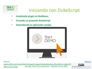 Iniciando con DukeScript
• Instalando plugin en NetBeans
• Creando un proyecto DukeScript
• Entendiendo la aplicación creada.
Ing. Mg. Fabio García Ramírez – Octubre 21 de 2015
Source: https://
www.sofort.com/var/sofort/storage/images/media/graphics/illus/demo-video/238516-3-eng-DE/Demo-V
ideo_col-1-2.png
 