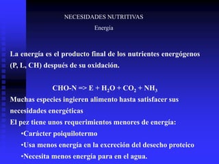 NECESIDADES NUTRITIVAS
Energía
La energía es el producto final de los nutrientes energógenos
(P, L, CH) después de su oxidación.
CHO-N => E + H2O + CO2 + NH3
Muchas especies ingieren alimento hasta satisfacer sus
necesidades energéticas
El pez tiene unos requerimientos menores de energía:
•Carácter poiquilotermo
•Usa menos energía en la excreción del desecho proteico
•Necesita menos energía para en el agua.
 