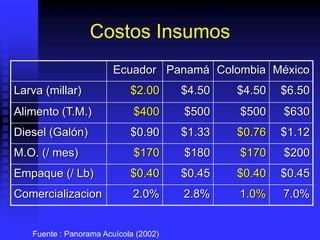 Costos Insumos
Ecuador Panamá Colombia México
Larva (millar) $2.00 $4.50 $4.50 $6.50
Alimento (T.M.) $400 $500 $500 $630
Diesel (Galón) $0.90 $1.33 $0.76 $1.12
M.O. (/ mes) $170 $180 $170 $200
Empaque (/ Lb) $0.40 $0.45 $0.40 $0.45
Comercializacion 2.0% 2.8% 1.0% 7.0%
Fuente : Panorama Acuícola (2002)
 