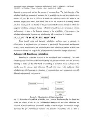 International Journal of Computer Engineering and Technology (IJCET), ISSN 0976 – 6367(Print),
ISSN 0976 – 6375(Online) Volume 2, Number 1, Dec - Jan (2011), © IAEME

about the resource, and not just the amount of resource alone. The basic function of the
scheduler needs the amount of resource that is available in the grid to schedule the n
number of jobs. To have a effective schedule the scheduler needs the status of the
resource, its processor speed, how much time it has left before start executing another
job, how much jobs it can handle in the given amount of time,etc. Based on which the
adaptive scheduling strategy is framed , when the schedule does not produce an optimal
performance , or due to the dynamic changes in the availability of the resources the
scheduler adapts to the situation and schedules the job to complete its execution.
III. ADAPTIVE SCHEDULING STRATEGY
        Even though static and dynamic scheduling performs near to optimal, its
effectiveness in a dynamic grid environment is questioned. The proposed semidynamic
strategy based novel adaptive job scheduling with load balancing algorithm by which the
workflow scheduler can adapt to the grid dynamics to achieve its strength practically.
A. Issues with Traditional Scheduling
        Planning is a onetime activity in the traditional static scheduling. The static
scheduling does not consider the future change of grid environment after the resource
mapping is made. On the other hand, rescheduling in execution phase is proposed but
mainly used to support fault tolerance. Overall, the issues with traditional static
scheduling are: (1) Accuracy of estimation of communication and computation costs, (2)
Adaptation to dynamic environment,




                      Figure 3.1 Classification of Static scheduling
and (3) Separation of workflow scheduler from executor. Fundamentally the above two
issues are related to the lack of collaboration between the workflow scheduler and
executor. With collaboration, a scheduler will be aware of the grid environment change,
including the job performance variance and resource availability, and is able to


                                                 13
 