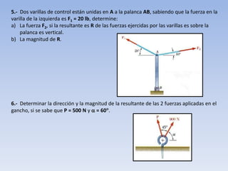 5.-  Dos varillas de control están unidas en Aa la palanca AB, sabiendo que la fuerza en la varilla de la izquierda es F1 = 20 lb, determine:La fuerza F2, si la resultante es R de las fuerzas ejercidas por las varillas es sobre la palanca es vertical.La magnitud de R.6.-Determinar la dirección y la magnitud de la resultante de las 2 fuerzas aplicadas en el gancho, si se sabe que P = 500 N y  = 60.