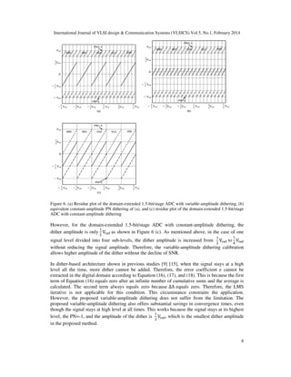 International Journal of VLSI design & Communication Systems (VLSICS) Vol.5, No.1, February 2014
8
Figure 6. (a) Residue plot of the domain-extended 1.5-bit/stage ADC with variable-amplitude dithering, (b)
equivalent constant-amplitude PN dithering of (a), and (c) residue plot of the domain-extended 1.5-bit/stage
ADC with constant-amplitude dithering
However, for the domain-extended 1.5-bit/stage ADC with constant-amplitude dithering, the
dither amplitude is only
ଵ
ଶ
V୰ୣ୤ as shown in Figure 6 (c). As mentioned above, in the case of one
signal level divided into four sub-levels, the dither amplitude is increased from
ଵ
ଶ
V୰ୣ୤ to
଻
଼
V୰ୣ୤
without reducing the signal amplitude. Therefore, the variable-amplitude dithering calibration
allows higher amplitude of the dither without the decline of SNR.
In dither-based architecture shown in previous studies [9] [15], when the signal stays at a high
level all the time, more dither cannot be added. Therefore, the error coefficient e cannot be
extracted in the digital domain according to Equation (16), (17), and (18). This is because the first
term of Equation (16) equals zero after an infinite number of cumulative sums and the average is
calculated. The second term always equals zero because ΔA equals zero. Therefore, the LMS
iterative is not applicable for this condition. This circumstance constrains the application.
However, the proposed variable-amplitude dithering does not suffer from the limitation. The
proposed variable-amplitude dithering also offers substantial savings in convergence times, even
though the signal stays at high level at all times. This works because the signal stays at its highest
level, the PN=-1, and the amplitude of the dither is
ଵ
ଶ
V୰ୣ୤, which is the smallest dither amplitude
in the proposed method.
 