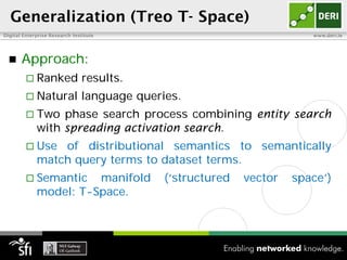 Generalization (Treo T- Space)
Digital Enterprise Research Institute                                    www.deri.ie




      Approach:
          Ranked               results.
          Natural              language queries.
          Two    phase search process combining entity search
             with spreading activation search.
          Use   of distributional semantics to semantically
             match query terms to dataset terms.
          Semantic    manifold               (‘structured   vector   space’)
             model: T-Space.
 