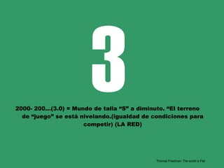 3 2000- 200…(3.0) = Mundo de talla “S” a diminuto. “El terreno  de “juego” se está nivelando.(igualdad de condiciones para competir) (LA RED) Thomas Friedman: The world is Flat 