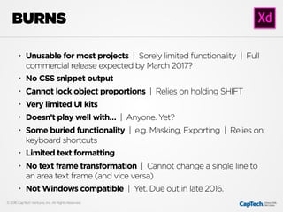 • Unusable for most projects | Sorely limited functionality | Full
commercial release expected by March 2017?
• No CSS snippet output
• Cannot lock object proportions | Relies on holding SHIFT
• Very limited UI kits
• Doesn’t play well with… | Anyone. Yet?
• Some buried functionality | e.g. Masking, Exporting | Relies on
keyboard shortcuts
• Limited text formatting
• No text frame transformation | Cannot change a single line to
an area text frame (and vice versa)
• Not Windows compatible | Yet. Due out in late 2016.
BURNS
© 2016 CapTech Ventures, Inc. All Rights Reserved.
 