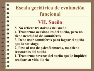 Escala geriátrica de evaluación
funcional
VII. Sueño
5. No refiere trastornos del sueño
4. Trastornos ocasionales del sueño, pero no
tiene necesidad de somníferos
3. Debe usar somníferos para lograr el sueño
que lo satisfaga
2. Pese al uso de psicofármacos, mantiene
trastornos del sueño
1. Trastornos severos del sueño que le impiden
realizar su vida diaria
 