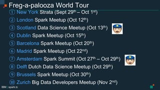IBM | spark.tc
Freg-a-palooza Upcoming World Tour
① New York Strata (Sept 29th – Oct 1st)
② London Spark Meetup (Oct 12th)
③ Scotland Data Science Meetup (Oct 13th)
④ Dublin Spark Meetup (Oct 15th)
⑤ Barcelona Spark Meetup (Oct 20th)
⑥ Madrid Spark Meetup (Oct 22nd)
⑦ Amsterdam Spark Summit (Oct 27th – Oct 29th)
⑧ Delft Dutch Data Science Meetup (Oct 29th)
⑨ Brussels Spark Meetup (Oct 30th)
⑩ Zurich Big Data Developers Meetup (Nov 2nd)
High probability
I’ll end up in jail
 