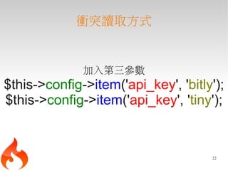 衝突讀取方式


              加入第三參數
$this->config->item('api_key', 'bitly');
$this->config->item('api_key', 'tiny');


                                     22
 