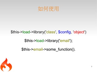 如何使用



$this->load->library('class', $config, 'object')

        $this->load->library('email');

      $this->email->some_function().



                                                   5
 