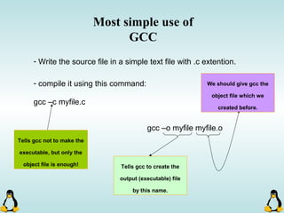 Most simple use of
GCC
- Write the source file in a simple text file with .c extention.
- compile it using this command:
gcc –c myfile.c
Tells gcc not to make the
executable, but only the
object file is enough!
gcc –o myfile myfile.o
Tells gcc to create the
output (executable) file
by this name.
We should give gcc the
object file which we
created before.
 