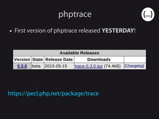 phptrace
● First version of phptrace released YESTERDAY!
https://pecl.php.net/package/trace
 