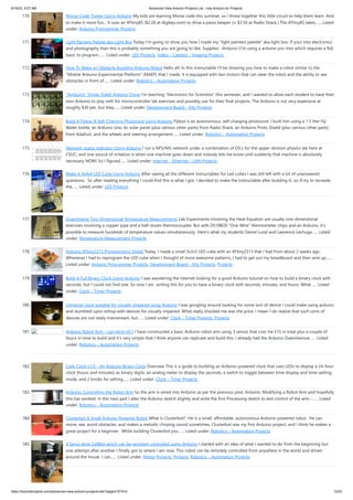 6/19/23, 9:07 AM Advanced View Arduino Projects List - Use Arduino for Projects
https://duino4projects.com/advanced-view-arduino-projects-list/?page31074=5 12/53
170. Morse-Code Trainer Using Arduino My kids are learning Morse code this summer, so I threw together this little circuit to help them learn. And
to make it more fun... It uses an ATtiny85 ($2.26 at digikey.com) to drive a piezo beeper (≈ $3.50 at Radio Shack.) The ATtiny85 takes…... Listed
under: Arduino Programmer Projects
171. Light Painters Palette aka Light Box Today I'm going to show you how I made my "light painters palette" aka light box. If your into electronics
and photography than this is probably something you are going to like. Supplies: -Arduino (I'm using a arduino pro mini which requires a ftdi
basic to program,…... Listed under: LED Projects, Video – Camera – Imaging Projects
172. How To Make an Obstacle Avoiding Arduino Robot Hello all! In this Instructable I'll be showing you how to make a robot similar to the
"Mobile Arduino Experimental Platform" (MAEP) that I made. It is equipped with two motors that can steer the robot and the ability to see
obstacles in front of…... Listed under: Robotics – Automation Projects
173. “Ayrduino” Single-Sided Arduino Clone I'm teaching "Electronics for Scientists" this semester, and I wanted to allow each student to have their
own Arduino to play with for microcontroller lab exercises and possibly use for their final projects. The Arduino is not very expensive at
roughly $30 per, but they…... Listed under: Development Board – Kits Projects
174. Build A Fijibot A Self-Charging Photovore Using Arduino Fijibot is an autonomous, self-charging photovore. I built him using a 1.5 liter Fiji
Water bottle, an Arduino Uno, 6v solar panel (plus various other parts) from Radio Shack, an Arduino Proto Shield (plus various other parts)
from Adafruit, and the wheels and steering arrangement…... Listed under: Robotics – Automation Projects
175. Network-status indicator Using Arduino I run a NFS/NIS network under a combination of OS's for the upper-division physics lab here at
CSUC, and one source of irritation is when one machine goes down and nobody lets me know until suddenly that machine is absolutely
necessary NOW! So I figured…... Listed under: Internet – Ethernet – LAN Projects
176. Make A 4x4x4 LED Cube Using Arduino After seeing all the different instructables for Led cubes I was still left with a lot of unanswered
questions. So after reading everything I could find this is what I got. I decided to make the instructable after building it...so ill try to recreate
the…... Listed under: LED Projects
177. Quantitative Two-Dimensional Temperature Measurements Lab Experiments involving the Heat Equation are usually one-dimensional
exercises involving a copper pipe and a half-dozen thermocouples. But with DS18B20 "One-Wire" thermometer chips and an Arduino, it's
possible to measure hundreds of temperature values simultaneously. Here's what my students Daniel Lund and Lawrence Lechuga…... Listed
under: Temperature Measurement Projects
178. Arduino ATtiny2313 Programming Shield Today, I made a small 3x3x3 LED cube with an ATtiny2313 that I had from about 2 weeks ago.
Whenever I had to reprogram the LED cube when I thought of more awesome patterns, I had to get out my breadboard and then wire up…...
Listed under: Arduino Programmer Projects, Development Board – Kits Projects, Projects
179. Build A Full Binary Clock Using Arduino I was wandering the internet looking for a good Arduino tutorial on how to build a binary clock with
seconds, but I could not find one. So now I am writing this for you to have a binary clock with seconds, minutes, and hours. What…... Listed
under: Clock – Timer Projects
180. Universal clock suitable for visually impaired using Arduino I was googling around looking for some sort of device I could make using arduino
and stumbled upon eshop with devices for visually impaired. What really shocked me was the price. I mean-I do realize that such sorts of
devices are not really mainstream, but…... Listed under: Clock – Timer Projects, Projects
181. Arduino Robot Arm – LarryArm v0.1 I have constructed a basic Arduino robot arm using 3 servos that cost me £15 in total plus a couple of
hours in time to build and it’s very simple that I think anyone can replicate and build this. I already had the Arduino Duemilanove…... Listed
under: Robotics – Automation Projects
182. Cwik Clock v1.0 – An Arduino Binary Clock Overview This is a guide to building an Arduino-powered clock that uses LEDs to display a 24-hour
clock (hours and minutes) as binary digits, an analog meter to display the seconds, a switch to toggle between time-display and time-setting
mode, and 2 knobs for setting…... Listed under: Clock – Timer Projects
183. Arduino: Controlling the Robot Arm So the arm is wired into Arduino as per the previous post, Arduino: Modifying a Robot Arm and hopefully
this has worked. In this next part I alter the Arduino sketch slightly and write the first Processing sketch to test control of the arm –…... Listed
under: Robotics – Automation Projects
184. Clusterbot A Small Arduino Powered Robot What is Clusterbot? He is a small, affordable, autonomous Arduino-powered robot. He can
move, see, avoid obstacles, and makes a melodic chirping sound sometimes. Clusterbot was my first Arduino project, and I think he makes a
great project for a beginner. While building Clusterbot you…... Listed under: Robotics – Automation Projects
185. 4 Servo drive CellBot which can be remotely controlled using Arduino I started with an idea of what I wanted to do from the beginning but
one attempt after another I finally got to where I am now. This robot can be remotely controlled from anywhere in the world and driven
around the house. I can…... Listed under: Motor Projects, Projects, Robotics – Automation Projects
 