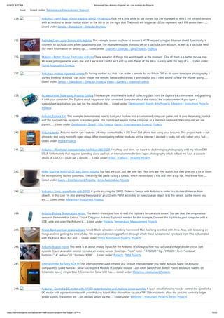 6/19/23, 9:07 AM Advanced View Arduino Projects List - Use Arduino for Projects
https://duino4projects.com/advanced-view-arduino-projects-list/?page31074=5 16/53
have…... Listed under: Temperature Measurement Projects
234. Arduino – (Very) Basic motion tracking with 2 PIR sensors Took me a little while to get started but I’ve managed to wire 2 PIR infrared sensors
with an Arduino to sense motion either on the left or on the right side. The result will trigger an LED to represent each PIR sensor then I…...
Listed under: Sensor – Transducer – Detector Projects
235. Pachube Client using Strings with Arduino This example shows you how to answer a HTTP request using an Ethernet shield. Specifically, it
connects to pachube.com, a free datalogging site. The example requires that you set up a pachube.com account, as well as a pachube feed
(for more information on setting up…... Listed under: Internet – Ethernet – LAN Projects, Projects
236. Making a Better Mouse Trap Using Arduino There are a lot of things this world needs at the moment. One of them is a better mouse trap.
Mice are getting smarter every day and if we're not careful we'll end up with Planet of the Mice. Luckily, with the help of a…... Listed under:
Home Automation Projects
237. Arduino – motion triggered camera So having worked out that I can make a remote for my Nikon D80 to do some timelapse photography. I
started thinking of things I can do to trigger the remote, below video shows it working but you’ll need sound to hear the shutter going.…...
Listed under: Sensor – Transducer – Detector Projects, Video – Camera – Imaging Projects
238. Accelerometer Table using Arduino Esplora This example simplifies the task of collecting data from the Esplora's accelerometer and graphing
it with your computer. The Esplora sends keypresses to a connected computer about the state of the accelerometer. If you open a
spreadsheet application, you can log the data from the…... Listed under: Development Board – Kits Projects, Metering – Instrument Projects,
Projects
239. Arduino Esplora Kart This example demonstrates how to turn your Esplora into a customized computer game pad. It uses the analog joystick
and the four switches as inputs to a video game. The Esplora will appear to the computer as a standard keyboard, the computer will see
joystick…... Listed under: Development Board – Kits Projects, Game – Entertainment Projects, Projects
240. Arduino text’in Arduino text‘in. Key Features: 24 relays controlled by 4 I/O lines! Cell phone text using your Arduino. This project hacks a cell
phone to text using normally open relays. After investigating cellular modules on the internet I decided it looks not only rather pricy, but…...
Listed under: Phone Projects
241. Arduino – IR remote/ intervalometer for Nikon D80 DSLR I’m cheap and skint, yet I want to do timelapse photography with my Nikon D80
DSLR. Unfortnately that requires spending some cash on an intervalometer for time lapse photography which will set me back a sizeable
chunk of cash. Or I could get a remote…... Listed under: Video – Camera – Imaging Projects
242. Make Your Hat With Full Of Stars Using Arduino Top hats are cool; just like bow ties. Not only are they stylish, but they give you a lot of room
for incorporating techno goodness. I recently had cause to buy a tuxedo, which necessitated a kilt, and then a top hat. You know how…...
Listed under: Game – Entertainment Projects, Home Automation Projects
243. Arduino – Sonic range finder with SRF05 A guide to using the SRF05 Distance Sensor with Arduino in order to calculate distances from
objects. In this case I’m also altering the output of an LED with PWM according to how close an object is to the sensor. So the nearer you
are…... Listed under: Metering – Instrument Projects
244. Arduino Esplora Temperature Sensor This sketch shows you how to read the Esplora's temperature sensor. You can read the temperature
sensor in Farhenheit or Celsius. Circuit Only your Arduino Esplora is needed for this example. Connect the Esplora to your computer with a
USB cable and open the Arduino's…... Listed under: Projects, Temperature Measurement Projects
245. Knock Block using an Arduino board Knock Block: a modern knocking framework Man has long wrestled with Time. Also, with knocking on
things and not getting the time of day. We propose a knocking platform through which these fundamental needs are met. This is illustrated
with the Knock Block KUI and…... Listed under: Home Automation Projects, Projects
246. Arduino Analog Inputs This week is all about analog inputs for the Arduino. I’ll show you how you can use a voltage divider circuit (see
episode 3) and a variable resistor to make an analog sensor. [box type="note" color=" #202020 " bg="#ffbb00 " font="verdana"
fontsize="14" radius="20 " border="#000"…... Listed under: Projects, PWM Projects
247. Intervalometer for Sony NEX 5n This intervalometer used infrared LED To built intervalometer you need: Arduino Nano (or Arduino-
compability). I used Nano V3 Serial LCD Joystick Module IR Led and resistor ~200 Ohm Switch Push Button Plastic enclosure Battery 9V
Schematic is very simple Step 2: Connection Serial LCD has…... Listed under: Metering – Instrument Projects
248. Arduino – Control a DC motor with TIP120, potentiometer and multiple power supplies A quick circuit showing how to control the speed of a
DC motor with a potentiometer with your Arduino board. Also shows how to use a TIP120 transistor to allow the Arduino control a larger
power supply. Transistors are 3 pin devices, which via the…... Listed under: Metering – Instrument Projects, Motor Projects
 