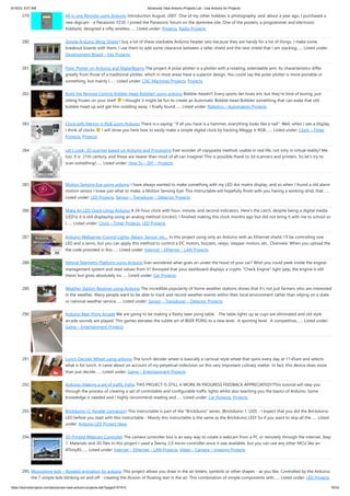 6/19/23, 9:07 AM Advanced View Arduino Projects List - Use Arduino for Projects
https://duino4projects.com/advanced-view-arduino-projects-list/?page31074=5 19/53
279. All in one Remote using Arduino Introduction August, 2007 One of my other hobbies is photography, and, about a year ago, I purchased a
new digicam - a Panasonic FZ30. I joined the Panasonic forum on the dpreview site. One of the posters, a programmer and electronic
hobbyist, designed a nifty wireless…... Listed under: Projects, Radio Projects
280. Simple Arduino Wing Shield I buy a lot of these stackable Arduino header sets because they are handy for a lot of things. I make some
breakout boards with them, I use them to add some clearance between a taller shield and the next shield that I am stacking…... Listed under:
Development Board – Kits Projects
281. Polar Plotter on Arduino and MakerBeams The project A polar plotter is a plotter with a rotating, extendable arm. Its characteristics differ
greatly from those of a traditional plotter, which in most areas have a superior design. You could say the polar plotter is more portable or
something, but mainly I…... Listed under: CNC Machines Projects, Projects
282. Build the Remote Control Bobble-head Bobbler! using arduino Bobble-heads!!! Every sports fan loves em, but they're kind of boring, just
sitting frozen on your shelf I thought it might be fun to create an Automatic Bobble-head Bobbler something that can wake that old
bobble-head up and get him nodding away. I finally found…... Listed under: Robotics – Automation Projects
283. Clock with Meggy Jr RGB using Arduino There is a saying: "If all you have is a hammer, everything looks like a nail". Well, when I see a display,
I think of clocks I will show you here how to easily make a simple digital clock by hacking Meggy Jr RGB.…... Listed under: Clock – Timer
Projects, Projects
284. Let’s cook: 3D scanner based on Arduino and Processing Ever wonder of copypaste method, usable in real life, not only in virtual reality? Me
too. It is 21th century, and those are nearer than most of all can imagine! This is possible thank to 3d scanners and printers. So let's try to
scan something!…... Listed under: How To – DIY – Projects
285. Motion Sensing Eye using arduino I have always wanted to make something with my LED dot matrix display, and so when I found a old alarm
motion sensor I knew just what to make, a Motion Sensing Eye! This instructable will hopefully finish with you having a working dmd, that…...
Listed under: LED Projects, Sensor – Transducer – Detector Projects
286. Make An LED Clock Using Arduino A 24-hour clock with hour, minute, and second indicators. Here's the catch, despite being a digital media
(LED's) it is still displaying using an analog method (circles!). I finished making this clock months ago but did not bring it with me to school so
I…... Listed under: Clock – Timer Projects, LED Projects
287. Arduino Webserver Control Lights, Relays, Servos, etc… In this project using only an Arduino with an Ethernet shield. I’ll be controlling one
LED and a servo, but you can apply this method to control a DC motors, buzzers, relays, stepper motors, etc.. Overview: When you upload the
the code provided in this…... Listed under: Internet – Ethernet – LAN Projects
288. Vehicle Telemetry Platform using Arduino Ever wondered what goes on under the hood of your car? Wish you could peek inside the engine
management system and read values from it? Annoyed that your dashboard displays a cryptic "Check Engine" light (yep, the engine is still
there) but gives absolutely no…... Listed under: Car Projects
289. Weather Station Receiver using Arduino The incredible popularity of home weather stations shows that it's not just farmers who are interested
in the weather. Many people want to be able to track and record weather events within their local environment rather than relying on a state
or national weather service…... Listed under: Sensor – Transducer – Detector Projects
290. Arduino Beer Pong Arcade We are going to be making a flashy beer pong table. The table lights up as cups are eliminated and old style
arcade sounds are played. This games elevates the subtle art of BEER PONG to a new level. A sporting level. A competitive,…... Listed under:
Game – Entertainment Projects
291. Lunch Decider Wheel using arduino The lunch decider wheel is basically a carnival-style wheel that spins every day at 11:45am and selects
what is for lunch. It came about on account of my perpetual indecision on this very important culinary matter. In fact, this device does more
than just decide…... Listed under: Game – Entertainment Projects
292. Arduino: Making a set of traffic lights THIS PROJECT IS STILL A WORK IN PROGRESS FEEDBACK APPRECIATED!!!This tutorial will step you
through the process of creating a set of controlable and configurable traffic lights whilst also teaching you the basics of Arduino. Some
knowledge is needed and I highly recommend reading and…... Listed under: Car Projects, Projects
293. Brickduino (2. Parallel connector) This instructable is part of the "Brickduino" series. [Brickduino 1. LED] - I expect that you did the Brickduino
LED before you start with this instructable - Mainly this instructable is the same as the Brickduino LED! So if you want to skip all the…... Listed
under: Arduino LED Project Ideas
294. 3D Printed Webcam Controller The camera controller box is an easy way to rotate a webcam from a PC or remotely through the internet. Step
1: Materials and 3D files In this project I used a Teensy 2.0 micro-controller since it was available, but you can use any other MCU like an
ATtiny85…... Listed under: Internet – Ethernet – LAN Projects, Video – Camera – Imaging Projects
295. Woooshing leds – Rotated animation by arduino This project allows you draw in the air letters, symbols or other shapes - as you like. Controlled by the Arduino,
the 7 simple leds blinking on and off - creating the illusion of floating text in the air. This combination of simple components with…... Listed under: LED Projects
 