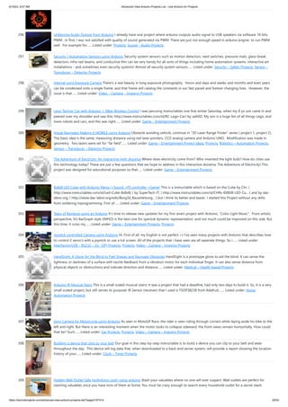 6/19/23, 9:07 AM Advanced View Arduino Projects List - Use Arduino for Projects
https://duino4projects.com/advanced-view-arduino-projects-list/?page31074=5 20/53
296. UnDecima Audio Output from Arduino I already have one project where arduino outputs audio signal to USB speakers via software 10-bits
PWM. In first, I was not satisfied with quality of sound generated via PWM. There are just not enough speed in arduino engine to run PWM
well. For example for…... Listed under: Projects, Sound – Audio Projects
297. Security / Automation Sensors using Arduino Security system sensors such as motion detectors, reed switches, pressure mats, glass-break
detectors, infra-red beams, and conductive film can be very handy for all sorts of things including home automation systems, interactive art
installations - and sometimes even security systems! Almost all security system sensors…... Listed under: Security – Safety Projects, Sensor –
Transducer – Detector Projects
298. Interval Long Exposure Camera There's a real beauty in long exposure photography. Hours and days and weeks and months and even years
can be condensed onto a single frame, and that frame will catalog the constants in our fast paced and forever changing lives. However, the
issue is that…... Listed under: Video – Camera – Imaging Projects
299. Lego Technic Car with Arduino + XBee Wireless Control I was perusing Instructables one fine winter Saturday, when my 8 yo son came in and
peered over my shoulder and saw this: http://www.instructables.com/id/RC-Lego-Car/ by sath02. My son is a huge fan of all things Lego, and
loves robots and cars, and this was right…... Listed under: Game – Entertainment Projects
300. Visual Navigator Making it MOBILE using Arduino Obstacle avoiding vehicle, continue in “3D Laser Range Finder” series ( project 1, project 2).
The basic idea is the same, measuring distance using red laser pointers, CCD analog camera and Arduino UNO. Modification was made in
geometry. Two lasers were set for “far field”…... Listed under: Game – Entertainment Project Ideas, Projects, Robotics – Automation Projects,
Sensor – Transducer – Detector Projects
301. The Adventure of Electricity: An interactive light diorama Where does electricity come from? Who invented the light bulb? How do cities use
this technology today? These are just a few questions that we hope to address in this interactive diorama, The Adventure of Electricity! This
project was designed for educational purposes so that…... Listed under: Game – Entertainment Projects
302. 8x8x8 LED Cube with Arduino Mega (+Sound +PS controller +Game) This is a instructable which is based on the Cube by Chr, (
http://www.instructables.com/id/Led-Cube-8x8x8/ ) by SuperTech-IT, ( http://www.instructables.com/id/CHRs-8X8X8-LED-Cu... ) and by das-
labor.org, ( http://www.das-labor.org/wiki/Borg3d_Bauanleitung... ) but i think its better and easier. I started this Project without any skills
from soldering toprogramming. First of…... Listed under: Game – Entertainment Projects
303. Tears of Rainbow using an Arduino It’s time to release new updates for my first (ever) project with Arduino, “Color Light Music”. From artistic
perspective, VU BarGraph style (IMHO) is the best one for spectral dynamic representation, and not much could be improved on this side. But
this time, it cross my…... Listed under: Game – Entertainment Projects, Projects
304. Joystick controlled Camera using Arduino Hi, First of all, my English is not perfect =) I've seen many projects with Arduino that describes how
to control 2 servo's with a joystick or use a lcd screen. All of the projects that i have seen are all seperate things. So i…... Listed under:
Interfacing(USB – RS232 – I2c -ISP) Projects, Projects, Video – Camera – Imaging Projects
305. HandSight: A Glove for the Blind to Feel Shapes and Navigate Obstacles HandSight is a prototype glove to aid the blind. It can sense the
lightness or darkness of a surface with tactile feedback from a vibration motor for each individual finger. It can also sense distance from
physical objects or obstructions and indicate direction and distance…... Listed under: Medical – Health based Projects
306. Arduino IR Musical Stairs This is a small scaled musical stairs! It was a project that had a deadline; had only two days to build it. So, it is a very
small scaled project, but still serves its purpose! IR Sensor (receiver) that I used is TSOP38238 from Adafruit,…... Listed under: Home
Automation Projects
307. Gyro Camera for Motorcycle using Arduino As seen in MotoGP Race, the rider is seen riding through corners while laying aside his bike to the
left and right. But there is an interesting moment when the motor looks to collapse sideward, the front views remain horizontally. How could
that be? Such…... Listed under: Car Projects, Projects, Video – Camera – Imaging Projects
308. Building a device that clips to your belt Our goal in this step-by-step instructable is to build a device you can clip to your belt and wear
throughout the day. This device will log data that, when downloaded to a back-end server system, will provide a report showing the location
history of your…... Listed under: Clock – Timer Projects
309. Hidden Wall Outlet Safe (w/Arduino Lock) using arduino Stash your valuables where no one will ever suspect. Wall outlets are perfect for
stashing valuables since you have tons of them at home. You must be crazy enough to search every household outlet for a secret stash.
 