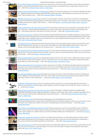 6/19/23, 9:07 AM Advanced View Arduino Projects List - Use Arduino for Projects
https://duino4projects.com/advanced-view-arduino-projects-list/?page31074=5 23/53
339. RC Car Anti-Crash System Using Arduino Hi guys! So for my electronics class this year we were tasked with creating some kind of electronic
gadget in order to demonstrate what we learned over the semester. Being a car-loving type of guy, I decided to get a cheap RC car and
see…... Listed under: Car Projects, Projects, Security – Safety Projects
340. Arduilay is An 8 Channel AC Relay Box For Use With Arduino Arduilay is an 8 channel AC relay box for use with Arduino, Max/MSP, Processing,
etc. I designed this system as an alternative to the USB>DMX 4 channel relay option. While DMX gives you dimming control, the setup is
easily 5 times as expensive as this…... Listed under: Development Board – Kits Projects
341. ARDUINO Laser 3D Tracking or Range Finder The idea of using triangulation for distance measurements is well known since Pythagorean
time, when his brilliant formula become available for mathematicians. What is new in this design, is lasers power control via “blooming” effect
of CMOS camera. Here this “negative” effect was put to…... Listed under: Metering – Instrument Projects, Projects, Sensor – Transducer –
Detector Projects
342. Cheap and effective Sous Vide cooker (Arduino powered) Sous-vide cooking is a great new way of cooking food. I will not explain why and
how it works here... for great recipes and explanations, you can check out those guys : http://modernistcuisine.com/2013/01/why-cook-
sous-... Unfortunately, a good (and I mean precise to the half °C) sous-vide…... Listed under: Home Automation Projects
343. 2 player Pong using Arduino I started with the Instructable from Kyle Brinckerhoff; http://www.instructables.com/id/Ardu-pong-the-Arduino-
based-pong-console/ Thanks Kyle! and the following at Make magazine http://blog.makezine.com/archive/2007/08/arduino-pong.html and I
see the original code is attributed to Pete Lamonica Thanks Pete!! I am using the paddles instead of the joy stick and I have made…... Listed
under: Game – Entertainment Projects, Projects
344. ASCII Table using Arduino Demonstrates the advanced serial printing functions by generating a table of characters and their ASCII values in
decimal, hexadecimal, octal, and binary. For more on ASCII, see asciitable.com Circuit image developed using Fritzing. For more circuit
examples, see the Fritzing project page None, but the Arduino has to…... Listed under: How To – DIY – Projects, Projects
345. A Simple and Very Easy Inverted Pendulum Balancing Robot Let's make a simple inverted balancing robot, and operate it. You need only half a
day to do them, if you have an arduino and some materials. [a video of a robot you would make] introduction: After a few work with arduino,
I have thought…... Listed under: Robotics – Automation Projects
346. Wii Nunchuck Arduino Spirit Level Thanks to: http://jeonlab.wordpress.com/ Since I have read an article on todbot blog, I bought a couple of
Wii Nunchucks from ebay. I don't remember how much I paid for them, but it was much cheaper than buying the accelerometer breakout
boards. With the nunchuck data reading…... Listed under: Development Board – Kits Projects, Projects
347. Construct Nama Instrument 1.0 Using Arduino A motion sensing soft-circuit interface. The following instructable will guide you through the
construction of your own personalized Nama Instrument. I'd love to hear some feedback. Hope you like it and it serves you somehow! : )
Access http://www.viraseres.com/nama to download the project's open source…... Listed under: Game – Entertainment Projects, Home
Automation Projects
348. Wex, the One Eyed Watcher using an Arduino Wex detects your location with ultrasonic sensors then follows you with his one flashing eye.
His red "heartbeat" can be seen through his mouth. Step 1: Parts needed include: Arduino Two ping ultrasonic sensors Futaba s3103 servo
Radio Shack 276-0016 7 color led Radio Shack …... Listed under: Projects, Robotics – Automation Projects
349. OpenSquare – Write big with a RC car Hi there, You're going to transform any RC toy car into a big message writer that can be used to
transform your city squares into witty messages, political statements or beautiful drawings, and for less than 20$. The idea is to drop a trail
of…... Listed under: Car Projects
350. Building a Sentry Gun with Laser Trip Wire System and Arduino *NOTE* THIS PROJECT IS DONE BY A GROUP OF STUDENTS FROM
SINGAPORE POLYTECHNIC. Concept: Trigger gun when laser is blocked by intruding object. Note: Tilting is included for expandability but not
used in this project. Skill Level: Basic soldering and basic metal works Things You…... Listed under: Home Automation Projects, Projects,
Security – Safety Projects
351. I Just Wanna Hold Your Hand Conducting energy through people to stimulate tangible public interactions
http://ijustwannaholdyourhand.com/ http://vimeo.com/56350598 What did we do? We put together an Arduino, some wire, a Mac mini and a
DLP Projector, then created a pair of hands out of aluminum. We additionally 3D printed some wall plates…... Listed under: Game –
Entertainment Projects
352. How to Control a Ton of RGB LEDs with Arduino & TLC5940 This video explains how to use the 16 channel PWM controller TLC5940 The
CODE: //Texas Instruments TLC 5940 with Arduino //www.kevindarrah.com #include <SPI.h>//Serial Peripheral Interface Library byte ch=0,
chbit=0, spibit=0, spibyte=0;// variables used by tlc sub routine int SINData;//variable used to shift data to the…... Listed under: LED Projects,
Projects, PWM Projects
353. Forget Me Not- Remote Flower Watering Hi everyone, Lucy Matchett, Nicole Yi Messier, and Joselyn McDonald (Snax_and_Macs) made a
remote flower-watering device so you can water your loved ones' plants when you water your own. We used Arduinos, a photoresistor, a
servo, Arduino and Processing sketches, Spacebrew, and a little elbow…... Listed under: Home Automation Projects
354. How to build an Arduino synth This is a super simple and easily customizable little synthesizer. This is my first time using the Arduino and also
with acrylic, both I found very fun to work with though. This is also my first Instructables so hopefully I have explained this well enough.…...
Listed under: How To – DIY – Projects, Projects
 