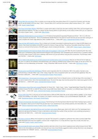 6/19/23, 9:07 AM Advanced View Arduino Projects List - Use Arduino for Projects
https://duino4projects.com/advanced-view-arduino-projects-list/?page31074=5 25/53
371. Playing Wave file using arduino This is a simple circuit to play wav files using arduino Nano V3.0 ,it consist from 4 buttons ,each one play
specific wav file loaded to SD card. Step 1: Parts 1- Arduino Nano V3.0 (I used the chines version called Funduino Nano). 2- SD…... Listed
under: Sound – Audio Projects
372. Paint Pulse: Digital Water Marbling Paint Pulse is a project which seeks to build upon the water marbling crafts of Ebru and Suminagashi with
digital behavioral additions. The idea is to design intricate, flowing patterns of paint directly on the surface of water which you can capture on
the surface of paper. Expert…... Listed under: Other Projects
373. Bubblesteen Bubble Machine using an Arduino Is it a 3D Spherical Atmosphere Encapsulated Phosphorous Printer? YES! Is it a CNC Anti
Gravity transparent Orb Machine! YES! Its The Bubblesteen Bubble Machine! The spherical miracle that kids and cats have been waiting for. It
comes complete with robotic edge detection( when a bubble hits an…... Listed under: Game – Entertainment Projects, Projects
374. Cheap and Easy MP3 Shield for Arduino This is a follow up to an earlier Instructable for attaching the guts of a cheap clip MP3 player to an
Arduino. http://www.instructables.com/id/MP3-Interface-for-Arduino-Cheap-and-Easy/ The previous Instuctable showed how to use the
Arduino to control all of the functions of the MP3 player: volume increase and decrease,…... Listed under: Projects, Sound – Audio Projects
375. Charlieplexed Arduino 8×8 LED Grid Display Shield made and simulated in 123D Circuits edit: Wow, this won an awesome prize! Very many
thanks guys! Charlieplexing (http://wealoneonearth.blogspot.nl/2013/03/design-note-charlieplexing-led-matrices.html) is a powerful method
for driving a large number of LEDs from a relatively small amount of IO pin and without using any extra components. The technique makes
use of the fact…... Listed under: LED Projects
376. How to make a multi-layered acrylic and LED sculpture with variable lighting levels using Arduino Here you can find out how to make you
very own n as made for the exhibition www.laplandscape.co.uk curated by art/design group Lapland. More images can be seen at flickr This
exhibition runs from Wednesday 26 November - Friday 12 December 2008 inclusive, and had…... Listed under: LED Projects, Projects
377. Remote control via GPRS/GSM SMS(Arduino) Remote control, especially when this no ethernet or Wifi in the outdoor, has been a very
profound things in the past. When I was a child, I always image that I have an equipment which can control all home appliances. Now, this
becomes a reality,with…... Listed under: Home Automation Projects, Phone Projects
378. Fairly Simple Simon – the evolution of an Arduino game Important notice: Final (i.e. relevant) version is at the last step of this instructable. If
you want to build a Simon, that is the recommended version. The rest of the steps show how this evolved from a bare-bones game for LED 13
and Serial (i.e.…... Listed under: Game – Entertainment Projects, Projects
379. LilyPad Arduino Totoro Plush with Umbrella Materials: For Totoro: Felt: 1 black, 3 grey, 1 white, 1 beige Needle Black Thread Poly-fil stuffing
Cardstock Scissors Pins Pen or chalk DIY Totoro Plush Tutorial HERE Totoro Pattern HERE For Umbrella: 3 or 4 different types of fabric Felt: 1
grey, 1 black…... Listed under: Game – Entertainment Projects, Home Automation Projects
380. Arduino GSM shield This is a very low cost and simple Arduino GSM and GPRS shield. We use the module SIMCom SIM900 . It’s the cheaper
module now available in the market. The module is not simple to mount by an hobbyst, so we use the Breakboard TDGGSM_900…... Listed
under: Development Board – Kits Projects, Phone Projects
381. Dogduino:The Automatic Dog Feeder using Arduino Tired of having to find the dog food to feed the dog? Tired of having to get up early so
your dog doesn't attack you for his food? Are just plain lazy? If you answered yes to any of these questions, this instructable is for…... Listed
under: Arduino Programmer Projects, Projects, Sound – Audio Project Ideas
382. Easy Programmable EL-Wire Wall Art Project with Cool-Neon using arduino Blank space, what to do?, what to do? Our hackerspace has a
blank brick wall above the fireplace. It's been a cold winter so we've had a fair number of fires, but there is just something wrong about a
blank brick wall. Well in this…... Listed under: Home Automation Projects
383. The Arduino OctoSynth What is the OctoSynth you may ask? The octosynth is a polyphonic synthesizer that is able to produce eight Pulse
Width Modulated tones that form together a musical scale. In English terms, it is a 8 key electronic organ that can play more than one…...
Listed under: Projects, Sound – Audio Projects
384. Microcontrolled AC switch using arduino Always wanted to take total control of your electric appliances even without being at home? Well,
thanks to this instructable you will be able to do that and much more. Some friendly suggestions before starting: Electricity is very dangerous,
read and follow the "DANGER:" advices…... Listed under: Home Automation Projects
 